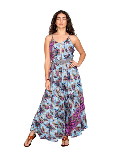 KM2027D - Long light blue silk dress with flowers - Ethnic style and flowing design Kimago