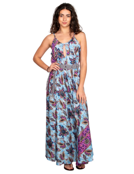KM2027D - Long light blue silk dress with flowers - Ethnic style and flowing design Kimago