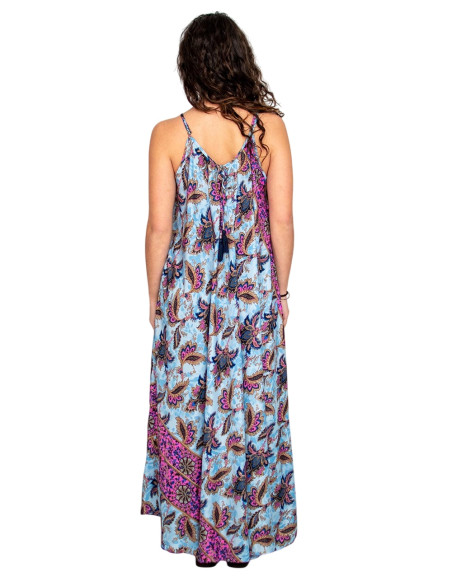 KM2027D - Long light blue silk dress with flowers - Ethnic style and flowing design Kimago