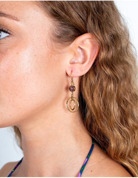 SPE0068 - Boucles d'oreilles en or avec cercles et pierre minérale artisanale